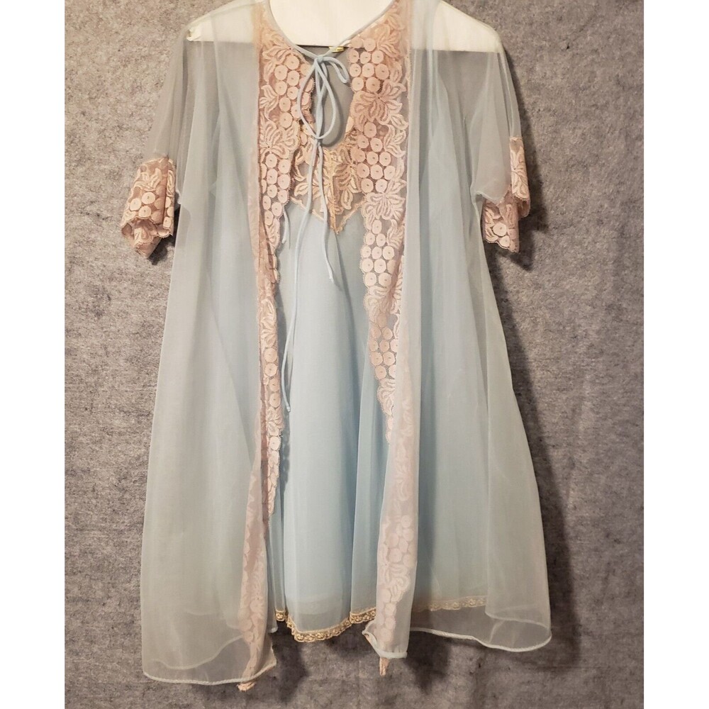 Vintage Nightgown Petite Blanche Erika McGowan Blue Nylon Chiffon Peignoir USA